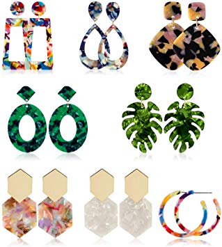 8 Pairs Mottled Acrylic Hoop Earrings Tortoise Resin Statement Earrings Dangle Drop Earrings for Women Girls Boho Fashion