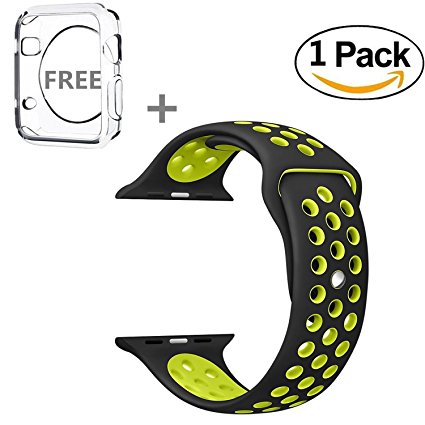iWatch Band 42mm, R-fun Direct Soft Silicone Replacement Band for iWatch Series 3, Series 2, Series 1, Sport , Edition (42MM-Black&yellow)