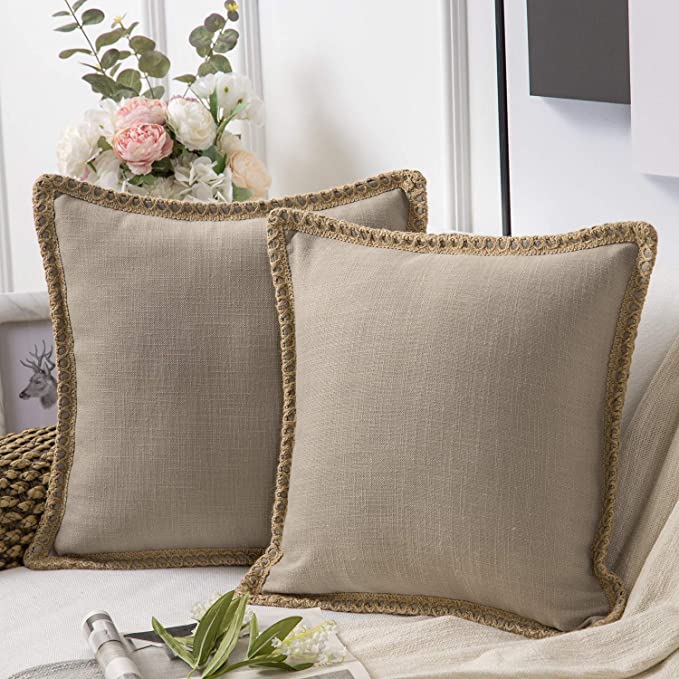 Phantoscope Pack of 2 Farmhouse Decorative Throw Pillow Covers Burlap Linen Trimmed Tailored Edges Beige 24 x 24 inches, 60 x 60 cm
