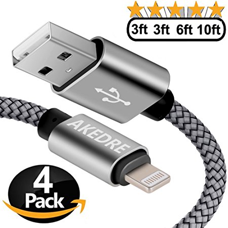 iPhone Charger, AKEDRE 4Pack [10 /6.6 / 3.3 /3.3 ] Foot  Durable Nylon Braided Lightning Cable Charger for iPhone 8/8 Plus/7/7 Plus/6/6s/6 Plus/6s Plus/5/5c/5s/SE,iPad iPod Nano iPod Touch(Gray)
