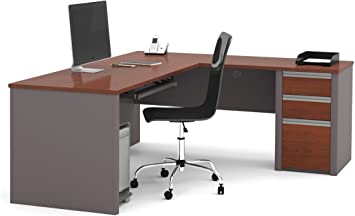 BESTAR Connexion L Shaped Desk with Three Drawers, Bordeaux/Slate