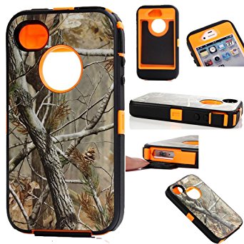 Kecko(TM) Heavy Duty Defender Tough Armor Shockproof Heavy Duty Tree Camo Impact Hybrid Case W/ Built In Screen Protector for iphone 4/4s--Camo Trees on the Core (Tree orange)