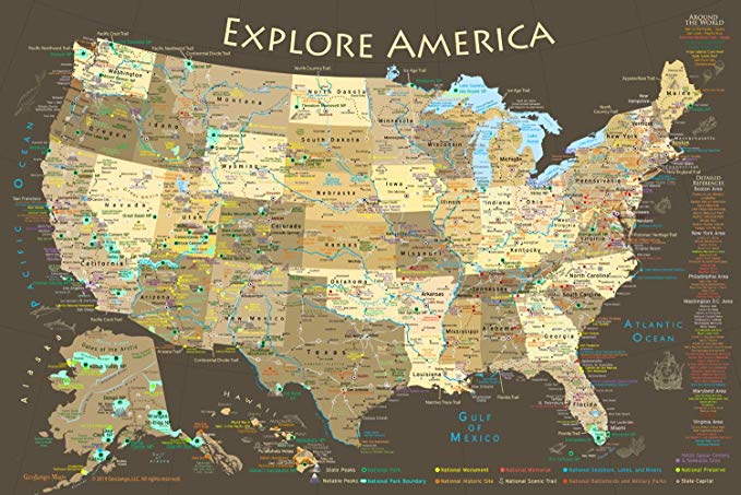 GeoJango Maps National Parks Map Poster with USA Travel Destinations (24W x 16H inches)