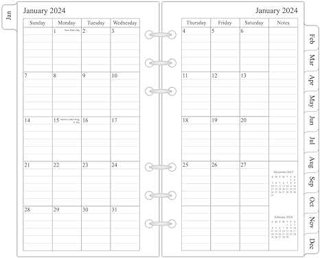 2024 Monthly Planner Refill, 3-3/4" x 6-3/4", 12 Months from January 2024 to December 2024, Personal Size/Size 3