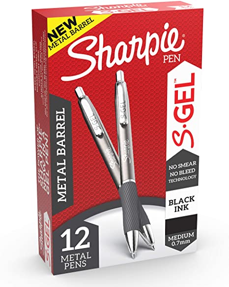 Sharpie S-Gel, Gel Pens, Sleek Metal Barrel, Gunmetal, Medium Point (0.7mm), Black Ink, 12 Count