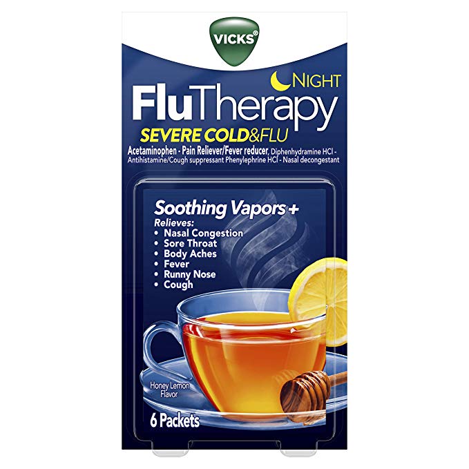 Vicks Flutherapy Severe Cold and Flu, Nighttime, Nasal Decongestant, 6 Packets - Hot Drink with Soothing Vapors