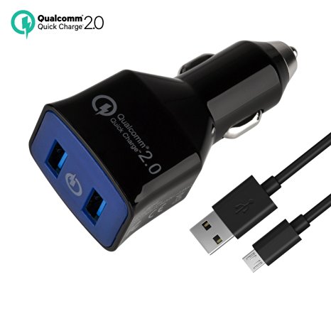 [Qualcomm Certified] Zenoplige Quick Charge 2.0 Technology 36W 2 Ports USB Fast Car Charger Adapter, Dual Turbo Rapid Ports both support QC 2.0 12V/1.5A 9V/2A 5V/2.4A, for Apple and Android Devices