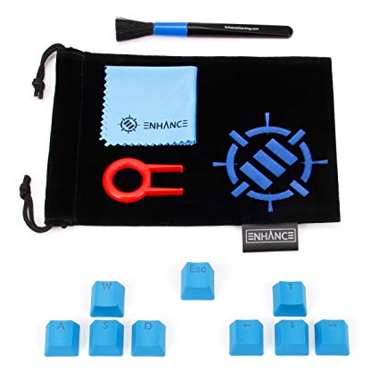 ENHANCE Gaming Keyboard Keycaps Set FPS Upgrade Kit - 9 PBT Clear Translucent Backlight Key Caps for Cherry MX Mechanical Keyboards - Includes Keycap Puller, Dust Brush and Microfiber Cloth - Blue