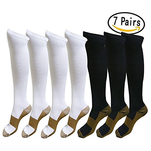 Copper Compression Socks For Men & Women (7 Pairs) - Best For Running, Athletic, Medical, Pregnancy and Travel -15-20mmHg