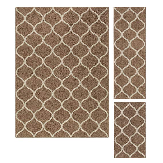 Maples Rugs Rebecca Contemporary Area Rugs Set for Living Room & Bedroom [Made in USA], 3pc, Café Brown/White