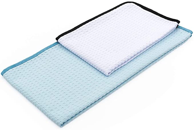 (2-Pack) THE RAG COMPANY Dry Me A River 20 in. x 40 in. & 16 in. x 24 in. Professional Korean 70/30 Microfiber Waffle-Weave Drying & Detailing Towels with Silky Soft Satin Edges