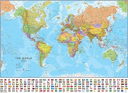 Large World Political Wall Map - With Flags Laminated - 118.9cm (w) x 84.1cm (h) - Maps International