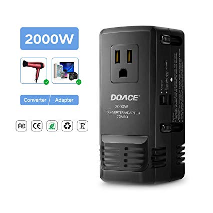 DOACE 2000W Power Transformer,Travel Adapter and Converter Combo, Transform 220V to 110V for Hair Dryer, Hair straightener with International EU/UK/AU/US Wall Charger Adapter Plugs (Patent Protected) (C8)