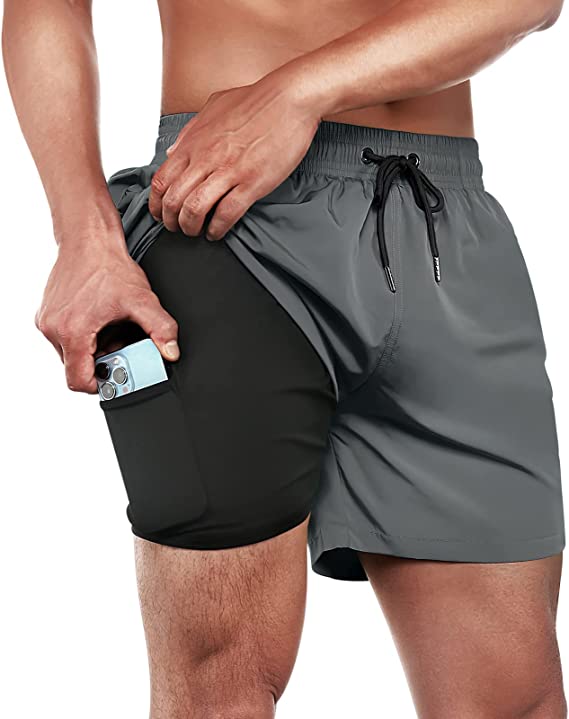 BRISIRA Mens Swim Trunks Swim Shorts Quick Dry 5 inch Inseam Beach Shorts with Compression Liner and Zipper Pocket