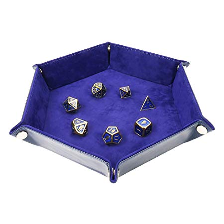 Dice Tray Metal Dice Rolling Tray for RPG DND Table Games, Dice Holder Storage Box, Double Sided Folding Rectangle PU Leather and Velvet (Oxford Blue)