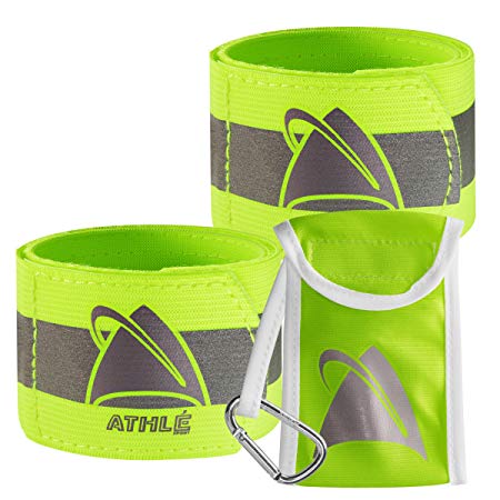 Athlé Reflective Bands 2 Pack – Adjustable 16" Neon Yellow Straps for Wrist, Arm and Ankle - High Visibility Safety Gear for Running, Jogging, Cycling and Biking - Bonus Carrying Bag