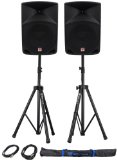 Package 2 Rockville RPG15 2000 Watt 2-Way DJPA Powered Speakers With a 15 Woofer and a 3 Voice Coil  Rockville RVSS2-XLR Pair of Adjustable Pro Speaker Stands  2 XLR Male to Female Cables  Carrying Case