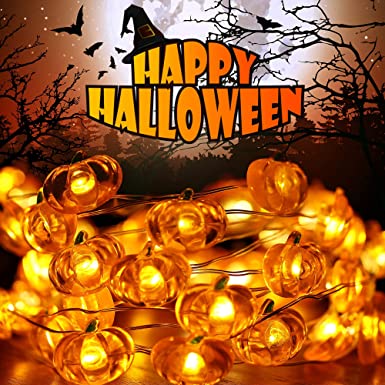 Halloween Decoration String Lights, 10ft 40 LED Halloween String Lights 8 Mode with Remote, Battery, USB Plug-in Operated Hanging Light for Indoor Outdoor Spooky Party Yard (Classic Pumpkin Style)