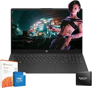 HP 2024 15.6'' Anti-Glare HD Laptop| Intel Quad-core Processor | 32GB RAM | Office 365 1-Year | Up to 11 hrs Long Battery | Win11 (Black, 128GB SSD   128GB Portable SSD)