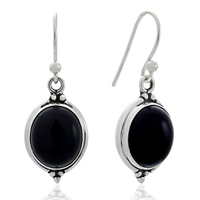 925 Oxidized Sterling Silver Natural Gemstone Oval Shaped Vintage Dangle Hook Earrings 1.3"