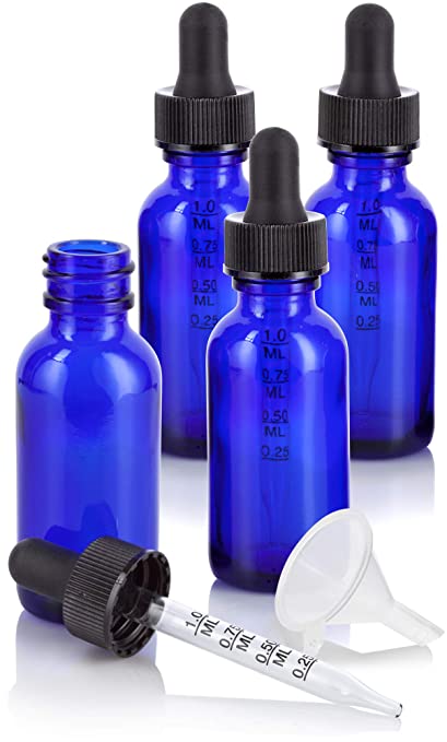 1 oz Cobalt Blue Glass Boston Round Graduated Measurement Glass Dropper Bottle (4 pack)   Funnel for essential oils, aromatherapy, e-liquid, food grade, bpa free