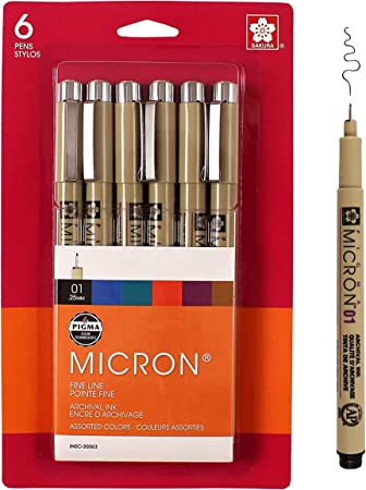 Sakura 30063 6-Piece Pigma Micron 01 Ink Pen Set, Assorted Colors