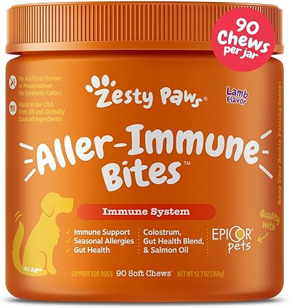 Zesty Paws Allergy Immune Supplement for Dogs Lamb- with Omega 3 Wild Alaskan Salmon Fish Oil & Epicor   Digestive Prebiotics & Probiotics - Anti Itch & Skin Hot Spots   Seasonal Allergies - 90 Chews