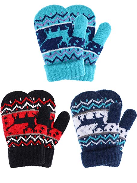 3 Pairs Full Finger Kids Gloves Winter Warm Knitted Mittens Plush Thicken Christmas Gloves for Infant Boys Girls