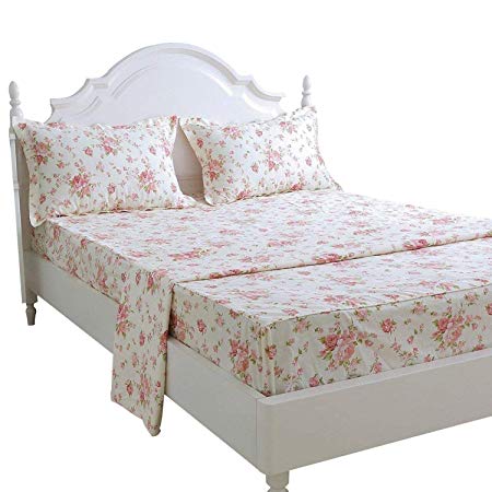 Brandream Shabby Floral Bed Sheet Set 100% Cotton Sheets Set 4pcs-Queen Size