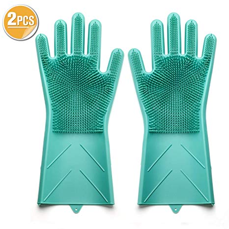 2 Pcs Magic Silicone Gloves with Wash Scrubber, 2 in 1 Heat Resistant Silicone Brush Scrub Gloves for Cleaning, Household, Dish Washing, Washing the Car, Pet Hair Care Green (Green)