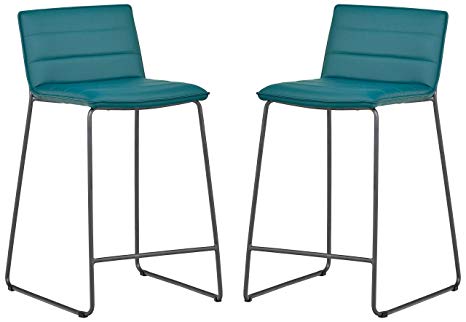 Rivet Julian Minimalist Modern Tufted Dining Room Counter Height Bar Stools, Set of 2, 34.3 Inch Height, Synthetic Leather, Aqua Blue