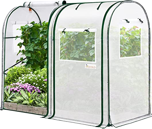 KING BIRD Upgraded 73" x 37" x 59" Mini Greenhouse, Heavy Duty Powder-Coated Steel Frame, 2 Zippered Screen Doors 4 Screen Windows, Tall Garden Plant Hot Green House, 8 Stakes 4 Ropes, White