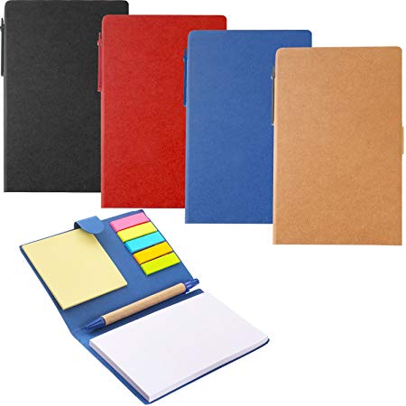 Boao 4 Pieces Notebook Lined Notepad with Pen in Holder, Sticky Notes and Colored Index Tabs Flags Page Marker for Home and Office Supplies, 4 Colors Cover