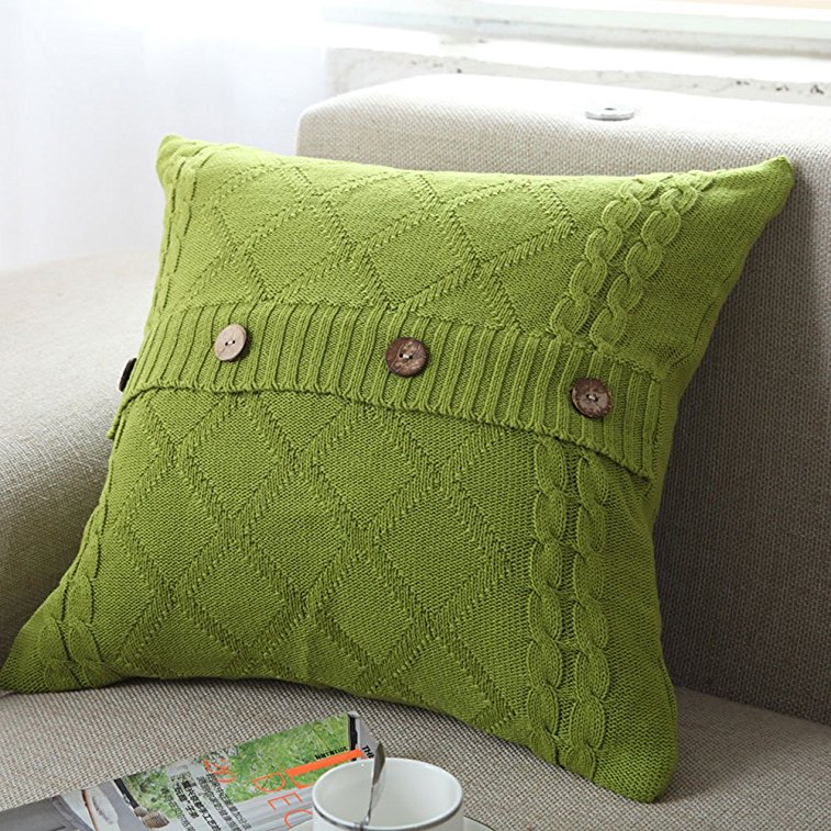 DOUH Cable Knit Pillow Cover 1PC (18" x 18") Soft Sweater Square Sofa Throw Pillow Case Cushion Cover Decorative Pillow Cover with Coconut Shell Buttons\Green