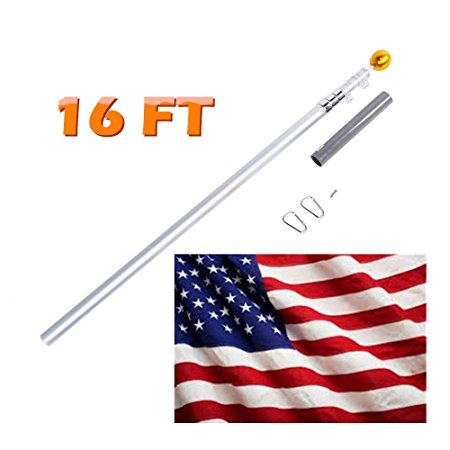 CO-Z 16 Feet Aluminum Telescoping Flag Poles with 3-Feet-by-5-Feet American Flag, Golden Ball Finial, PVC Sleeve and Hooks & Screws