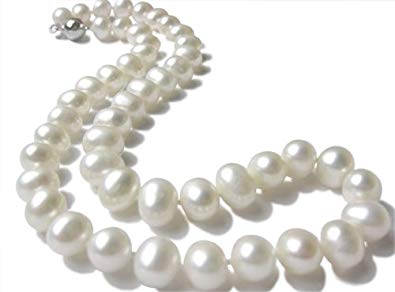 Win Pearl 9-10mm White Freshwater Cultured Pearl Strand Necklace silver alloy clasp SKU#: -nk197-s