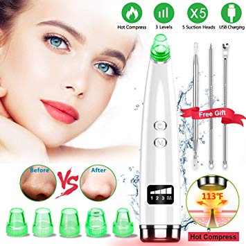 Blackhead Remover, Blackhead Remover Vacuum Pore Cleaner Electric Blackhead Suction, Facial Skin Pore Cleanser Device Acne Comedone Extractor Tool USB with Hot Compress 5 Probes for Nose Face Women