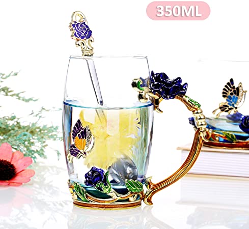 Decdeal Enamel Flower Glass Mug, 350ml Beauty Handmade Handle Design LuxuryTea Cups with 1 Spoon and Cleaning Cloth Valentine's Day Gift