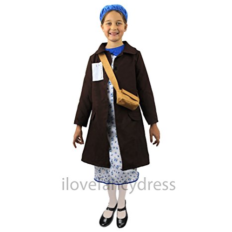 Disguise of Child of the Second World War (Floral Dress, Hat Brown, Coat Blue, school bag)