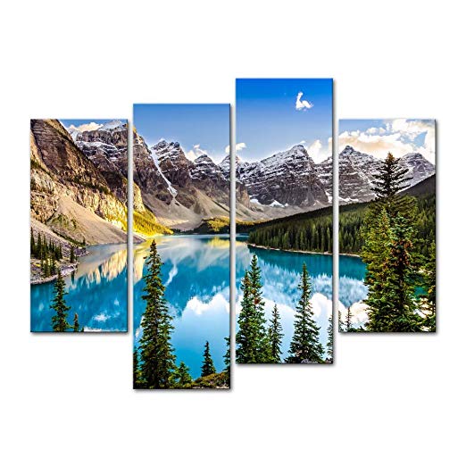 4 Pieces Modern Canvas Painting Wall Art The Picture For Home Decoration Beautiful Sunset View Of Morain Lake And Mountain Range Alberta Canada Landscape Mountain&Lake Print On Canvas Giclee Artwork For Wall Decor