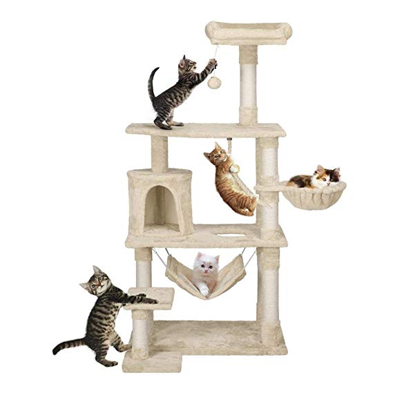 Yaheetech 62in Extra Large Cat Tree Condo with Sisal-Covered Scratching Post Plush Perch Hammock, Cat Tower Activity Center Kitten Furniture Play House