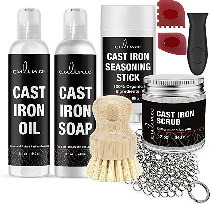 Culina Cast Iron Soap stick Conditioning Oil Stainless Scrubber Restoring Scrub brush handle and scrapers |All Natural Ingredients |for Cast Iron Cookware with handle and scrappers colors may vary