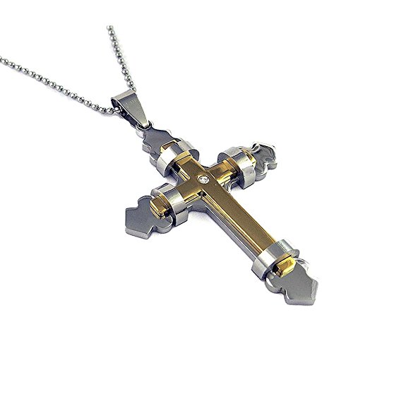 Two-tone Stainless Steel Bead Chain Cz Cross Necklace for Men &Women