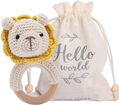 Youuys Wooden Rattle for Baby 0 3 6 Months Brain Development, Crochet Lion Wood Baby Rattle Teething Ring, Cute Woodland Animal First Rattle Toy for Newborn