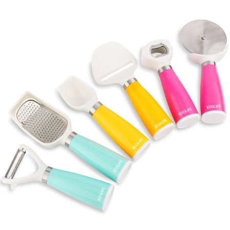 Koolife 6-Pieces Kitchen Gadgets Tools Set- Bottle Opener Ice Spoon Fruit Peeler Cheese Slicer Pizza Cutter and Ginger Grater Color Assorted