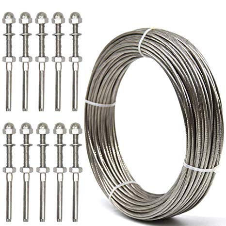 WELTEK Deck Cable Railing Kit, 10-Pack Threaded Stud Tension End Fitting Terminal & 105 Feet 1/8 Stainless Steel Aircraft Wire Rope - T316 7x7 Marine Grade
