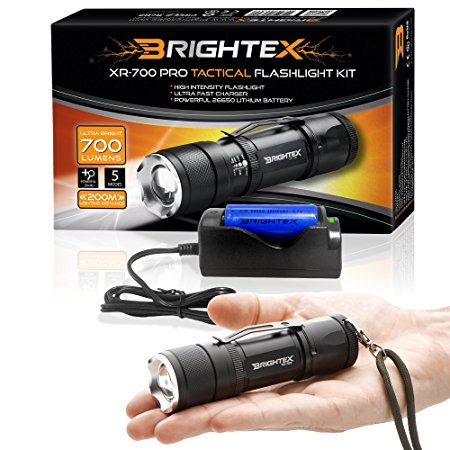 BRIGHTEX XR-700 Pro Kit REAL UL Lab Tested 700 Lumens Super Bright Small Tactical Flashlight XM-L2 U2 LED, Water Resistant, 5 Modes, Zoom, Belt Clip, Fast Charger, 4800mAh 26650 Protected Battery