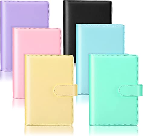 6 Pieces A6 PU Leather Notebook Binder Refillable 6 Rings Binder Cover Loose Leaf Personal Planner with Magnetic Buckle Closure (Pink, Green, Purple, Sky Blue, Yellow, Black)