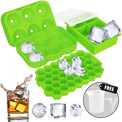 Ice Cube Tray, AiBast Ice Trays for Freezer With Lid, 3 Pack Silicone Large Round Ice Cube Tray, Sphere Square Honeycomb Ice Trays for Whiskey With Covers&Funnel, Reusable Whiskey Ice Ball Mold Green