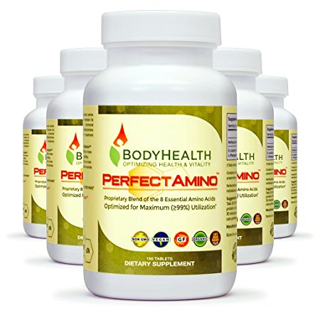 PerfectAmino (6-pack special) 8 Essential Amino Acid Tablets with BCAA by BodyHealth, Vegan Branched Chain Protein Pre/Post Workout, Increase Lean Muscle Mass, Boost Energy & Stamina, 99% Utilization